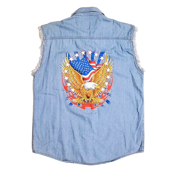 Bikers Edge Mens American Eagle Stars And Flag Sleevless Denim Shirt Small EUC - Picture 1 of 6
